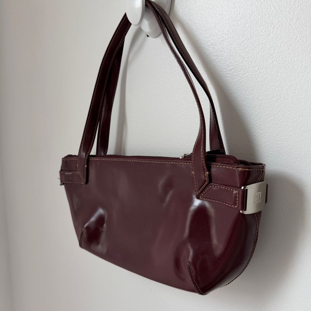 Vintage DKNY Donna Karan City Burgundy Baguette Shoulder Bag Y2K Patent Leather